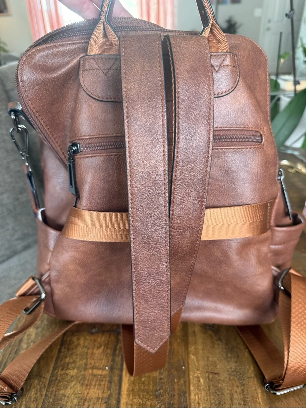 Shrrie Brown Faux Leather Convertible Backpack Purse Boho Woven Strap